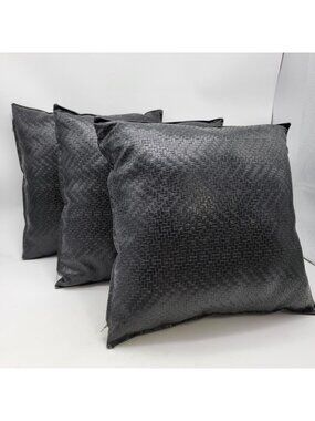 Set Of 3 Black Faux Leather Woven Decorative Throw Pillows